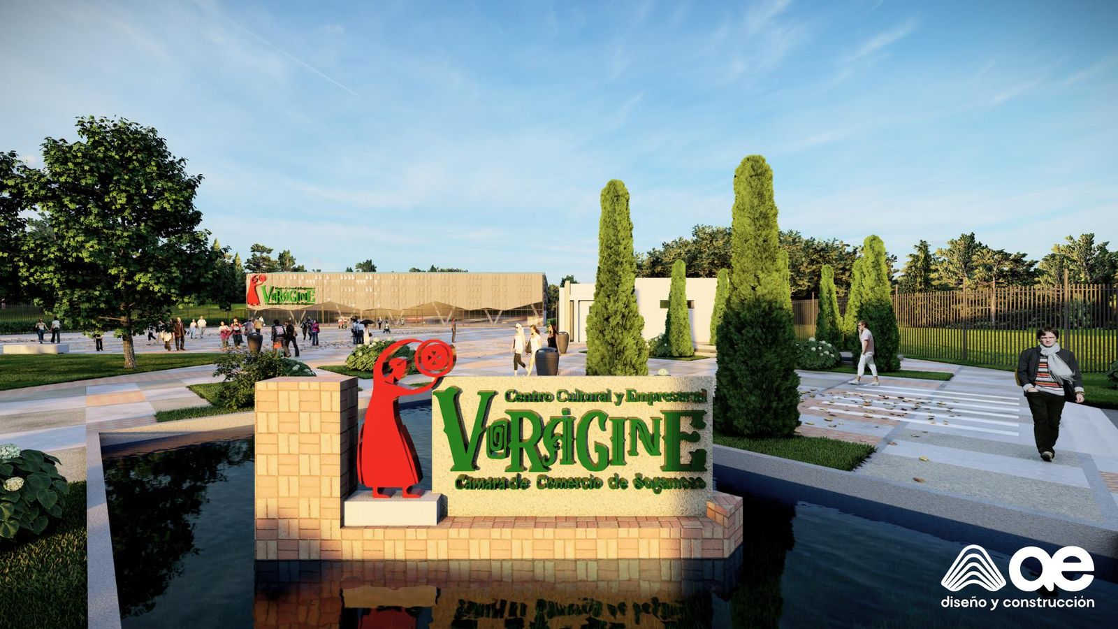 Acceso principal con el monumento de Vor&aacute;gine y espejo de agua